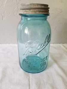 Ball Perfect Mason Blue Glass Canning Jar Quart Size with Zinc Lid No. 3 - Picture 1 of 9