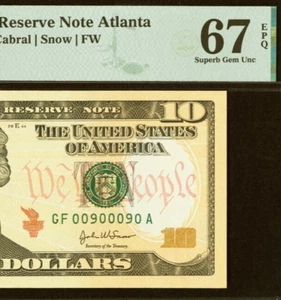2004A $10 Federal Reserve Note PMG 67EPQ - Fancy Repeater Serial Number 00900090 - Picture 1 of 3