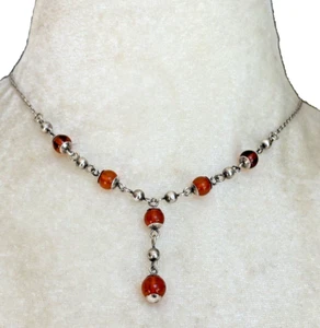 Vintage Sterling Silver & Amber Choker Lariat Necklace 15 3/4" Long Amber Beads - Picture 1 of 11