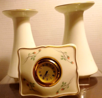 Mikasa Candlesticks Set of 2 & Lenox Clock Both With Gold Gild Trim & Bone China - Image 1 of 4