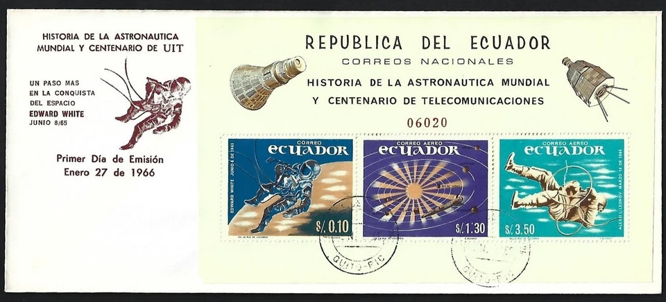 (AOP) Ecuador #749f 1966 Space Exploration MS (green paper) FDC - Image 1 of 1