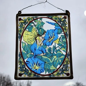 Vintage YORKRAFT Rectangular STAINED GLASS SUNCATCHER 'Garden Fairy' 6" ×5" TSGG - Picture 1 of 10