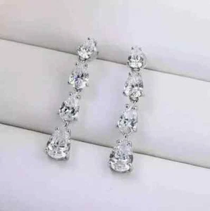 4Ct Pear Cut Lab Created Diamond Women Drop Dangle Earring 14K White Gold Plated - Picture 1 of 5