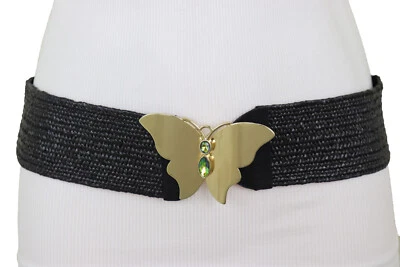 Women Black Stretch Strap Belt Premium 3D Gold Metal Butterfly Buckle Size S M - Image 1 of 4