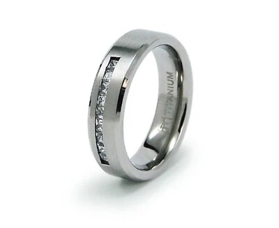 8mm Men's Titanium Ring Band Side Segment CZ Stones Brushed Comfort Fit - Image 1 of 2