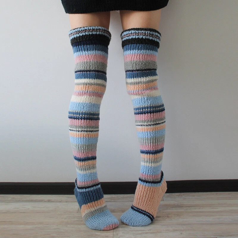 Winter Vintage Striped Knitted Socks Thigh High Over Knee Boot Sock Soft Warm - Image 1 of 4