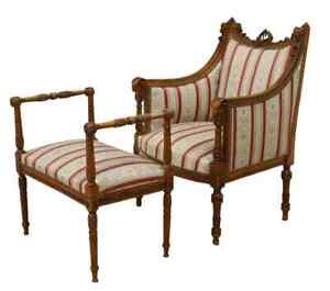 Antique Bergere & Stool, Louis XVI Style, Upholstered, Walnut, Nailhead Tr 1800s