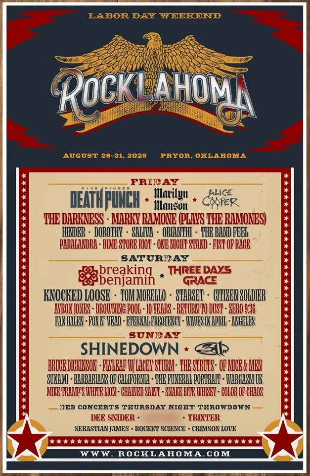 Póster RARO Breaking Benjamin Shinedown FFDP Alice Cooper Rocklahoma 2025 Edición Limitada Foto 1 de 1