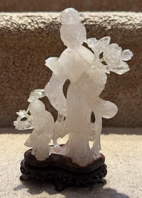 Antigua estatuilla china tallada de cristal de cuarzo rosa estatua noble dama niño figura Foto 1 de 4