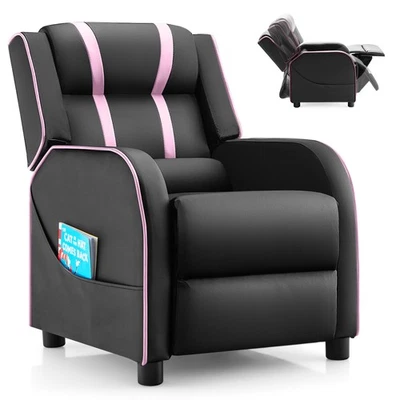 Sillón reclinable ergonómico de cuero para niños con reposapiés bolsillo lateral rosa Foto 1 de 4