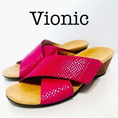 Vionic Leticia Fuchsia with Cross-Strap Leather Wedge Sandals Size 8 - Image 1 of 4