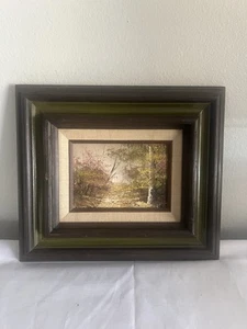 "Pintura original vintage al óleo sobre tabla enmarcada 12x14"" certificado de paisaje forestal" - Imagen 1 de 14