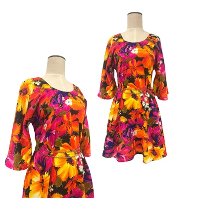 Mini Vestido Vintage Años 60 Dos Patatas Dayglo Tropical Floral Manga Campana Micro Foto 1 de 4