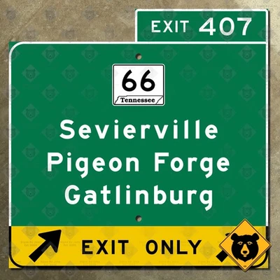 Señal de autopista Tennessee Sevierville Pigeon Forge Gatlinburg salida 407 12x12 Foto 1 de 2