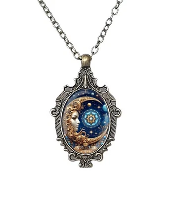 太阳月亮星夜哥特式青铜椭圆形吊坠项链珠宝首饰复古 — 第 1/4 张图片