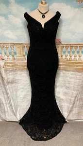 Quiz Dress 16 18 Black Sequin Stretch Lace Bardot Fishtail V Bar Evening Party - Picture 1 of 8