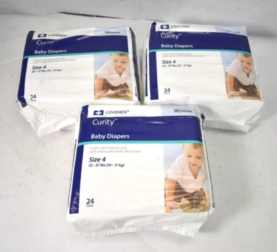 Lote de 3 pañales para bebé Covidien Curity talla 4 22-37 libras paquete de 24 pestañas cierre 80038A Foto 1 de 4