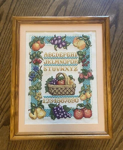 Vintage Cross Stiched Framed Picture Finished Sampler Fruits Basket No Glass 99' - Picture 1 of 12