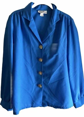 BLUSA DE COLECCIÓN Lucky Winner para mujer azul manga larga dorada concha abotonada 12 EE. UU. Foto 1 de 4