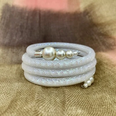 Gift. Handmade White Shinny Nylon Mesh Tubing Bracelet, White Pearl - Jewellery - Image 1 of 4