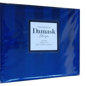 brand new Charter Club 550  TC 100% Cotton QUEEN Sheet Set - COBALT BLUE STRIPE - Picture 1 of 11