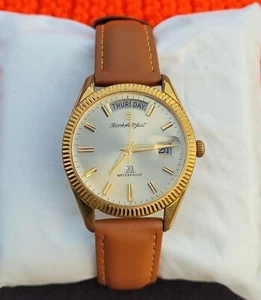 Vintage Ricoh Auto Just 33 Jewels President Day/Date Golden Men's Watch Fluted - Picture 1 of 9