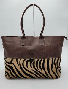 TANGAROA Terrida Brown Croc & Zebra Pattern Leather Large Tote Duffle Travel Bag - Picture 1 of 10