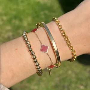 14K Yellow Gold Red Carnelian Shamrock Station Chain Bracelet NEW 7" - Picture 1 of 6