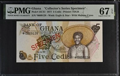 Ghana 5 Cedis 1977 P 15 CS1 Specimen Superb Gem UNC PMG 67 EPQ - Image 1 of 3