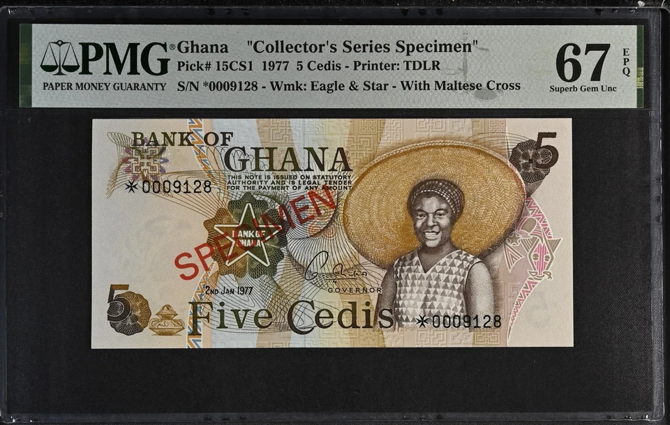 Ghana 5 Cedis 1977 P 15 CS1 Specimen Superb Gem UNC PMG 67 EPQ - Image 1 of 3