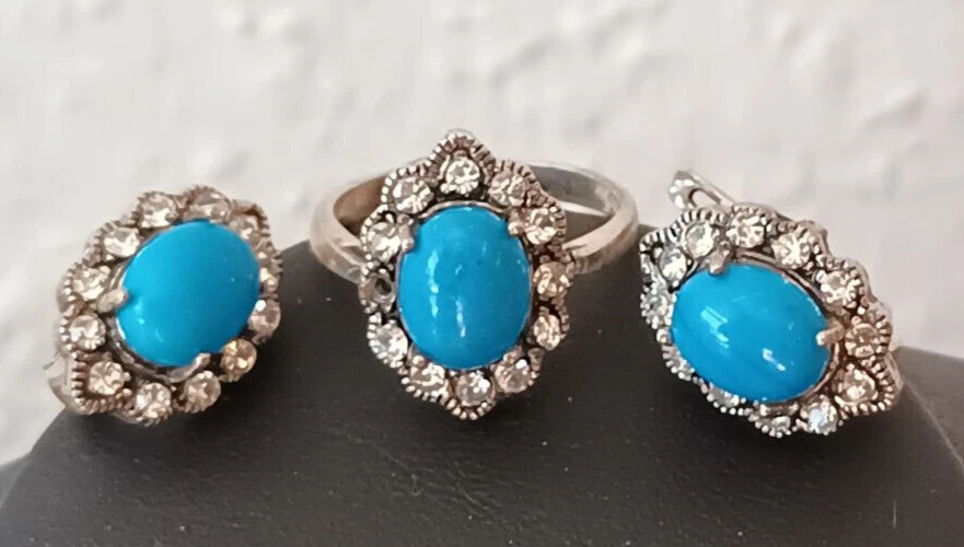 Set Gioielli Classico Orecchini & Anello 925 Vero Argento & Turchese Di Israele - Immagine 1 di 4