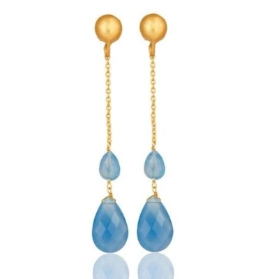 22K Yellow Gold Plated Sterling Silver Blue Chalcedony Chain Dangle Earrings Foto 1 de 3
