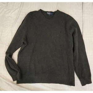 Polo Ralph Lauren Sweater Mens L Charcoal Gray Vintage Tight Knit V-Neck Cotton - Picture 1 of 8