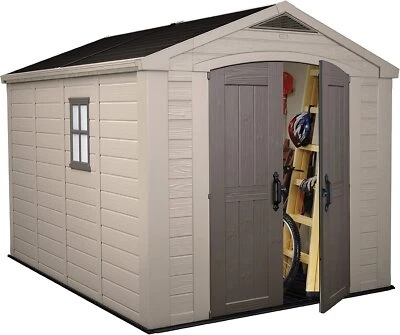 Keter Factor Beige Garden Shed 8 x 11 ft Double Door Apex Roof DURABLE - Image 1 of 4