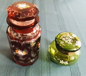 2-Vintage Depression Glass Hand Blown / Painted Vanity Dresser Vase / Jar - Picture 1 of 8