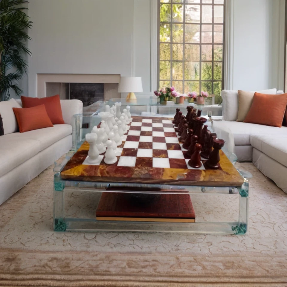 Échiquier en Marbre Rouge et Blanc Onyx 30x30cm Fait Main - Cadeau et Décoration - Photo 1/4