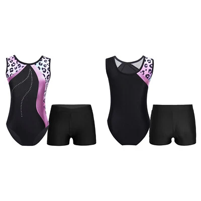 Kids Girls Dance Gymnastics Bodysuit Print Sleeveless Leotard with Shorts Set - Image 1 of 4
