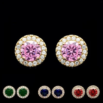 Aretes de diamantes simulados con halo de piedras preciosas de 2 quilates de oro real de 14 quilates todas las piedras de nacimiento Foto 1 de 4