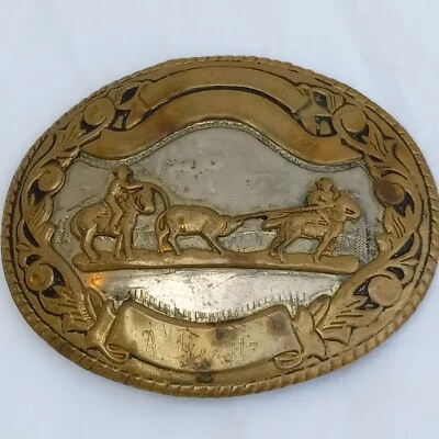 Vintage German Silver Belt Buckle Used Western Rodeo Roping Brass 4 1/8" - Image 1 of 4