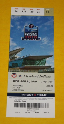Minnesota Twins Ticket Stub | April 21 2010 | Michael Cuddyer HR Joe Mauer Hit Cover