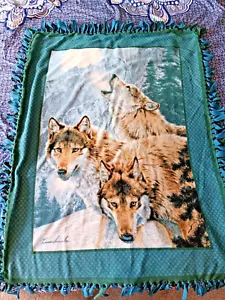 Handmade Wolf Wildlife Cozy Fleece Tie Blanket Throw 48"x36" Blue Green - Picture 1 of 11