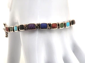 Vintage Southwestern Multi Stone Link Bracelet 925 Sterling Silver 7.5" 5 mm - Picture 1 of 10