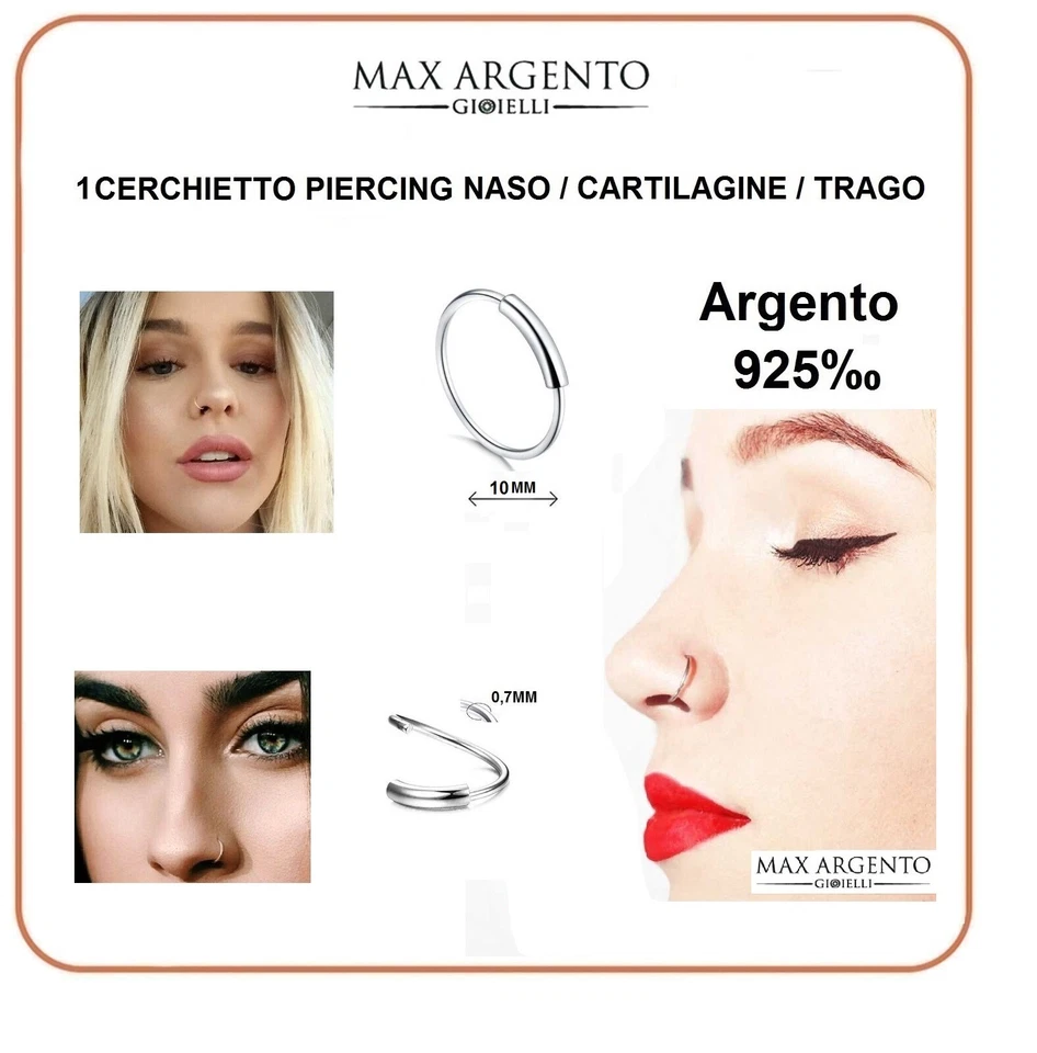 1 Pezzo ORECCHINO  CERCHIETTO 10 M ARGENTO 925 PIERCING NASO/TRAGO/CARTILAGINE  - Immagine 1 di 1