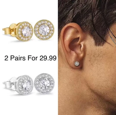 Men's Gold Plated 925 Sterling Silver Hip Hop Cz Stud Earrings - Image 1 of 4