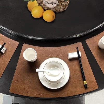 Leather Round Table Washable Placemats Black Thick Faux Leather Heat Resistan... - Image 1 of 4