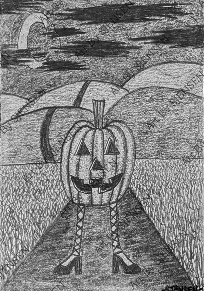 ACEO Original Cute Pumpkin Halloween Autumn Pencil Graphite Art Naive Cute OOAK - Image 1 of 1