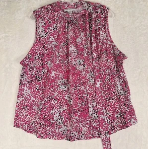 LIZ CLAIBORNE Women 1X Stretch Comfy Geometric Pink Tank Top w/ Tie Button Neck - Picture 1 of 9