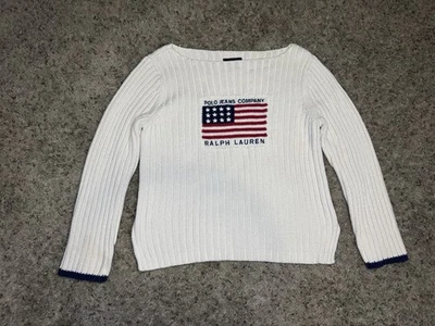 Vtg RALPH LAUREN Ribbed Sweater Knit Cream American Flag Thick Preppy M READ - Image 1 of 4