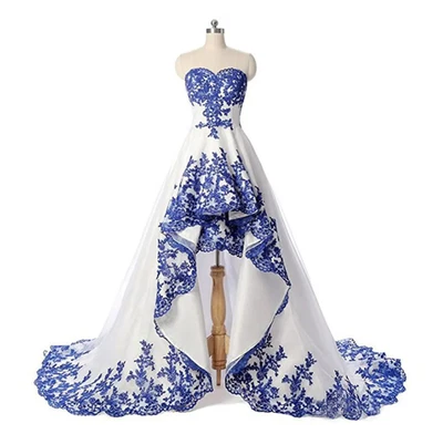 Blue White Lace Sleeveless High Low Ruch Bridal Wedding Gowns Front Short - Image 1 of 4