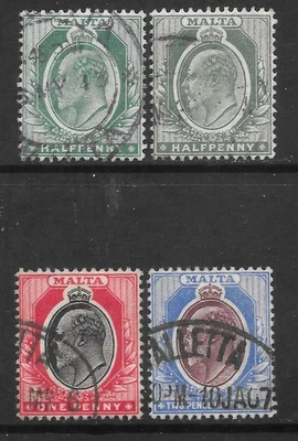 MALTA 1904/9. Sc #30/1, 35; SG #47, 47b, 48, 52. Definitivos 1904-14: KEVII.Usado Foto 1 de 2